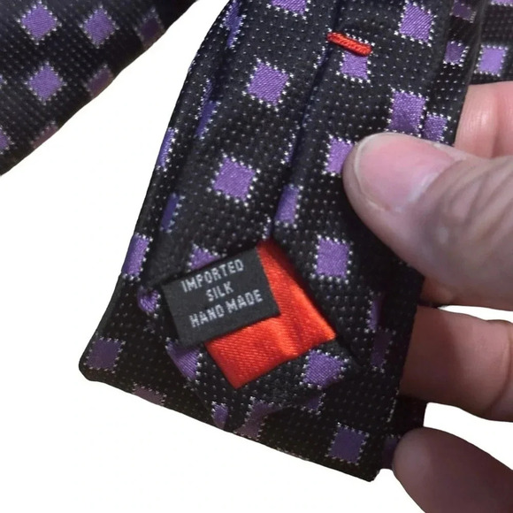 Oscar by Oscar De La Renta Men Black Purple Geometric Silk Handmade Tie - Picture 6 of 6